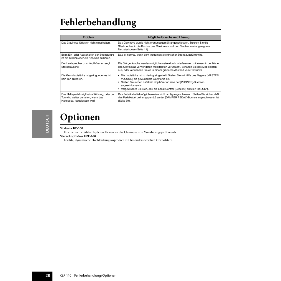 Fehlerbehandlung, Optionen, Fehlerbehandlung optionen | Yamaha CLP-110 User Manual | Page 28 / 46