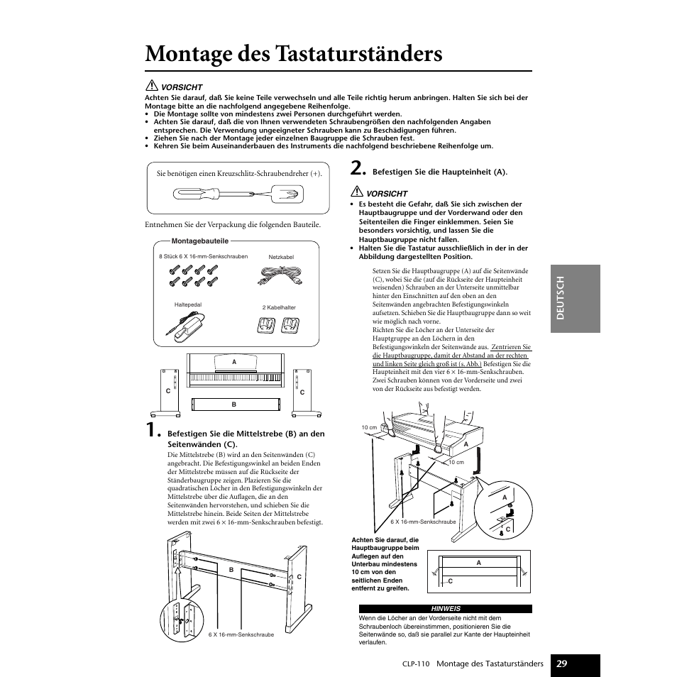 Montage des tastaturständers, E 29–30 | Yamaha CLP-110 User Manual | Page 29 / 46