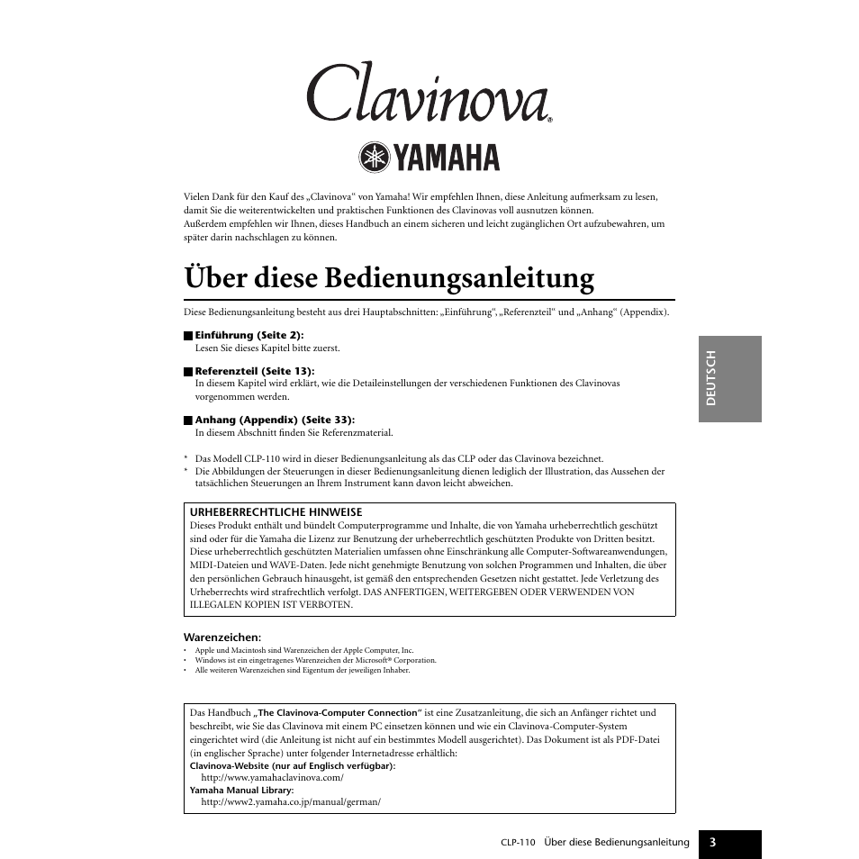 Über diese bedienungsanleitung | Yamaha CLP-110 User Manual | Page 3 / 46