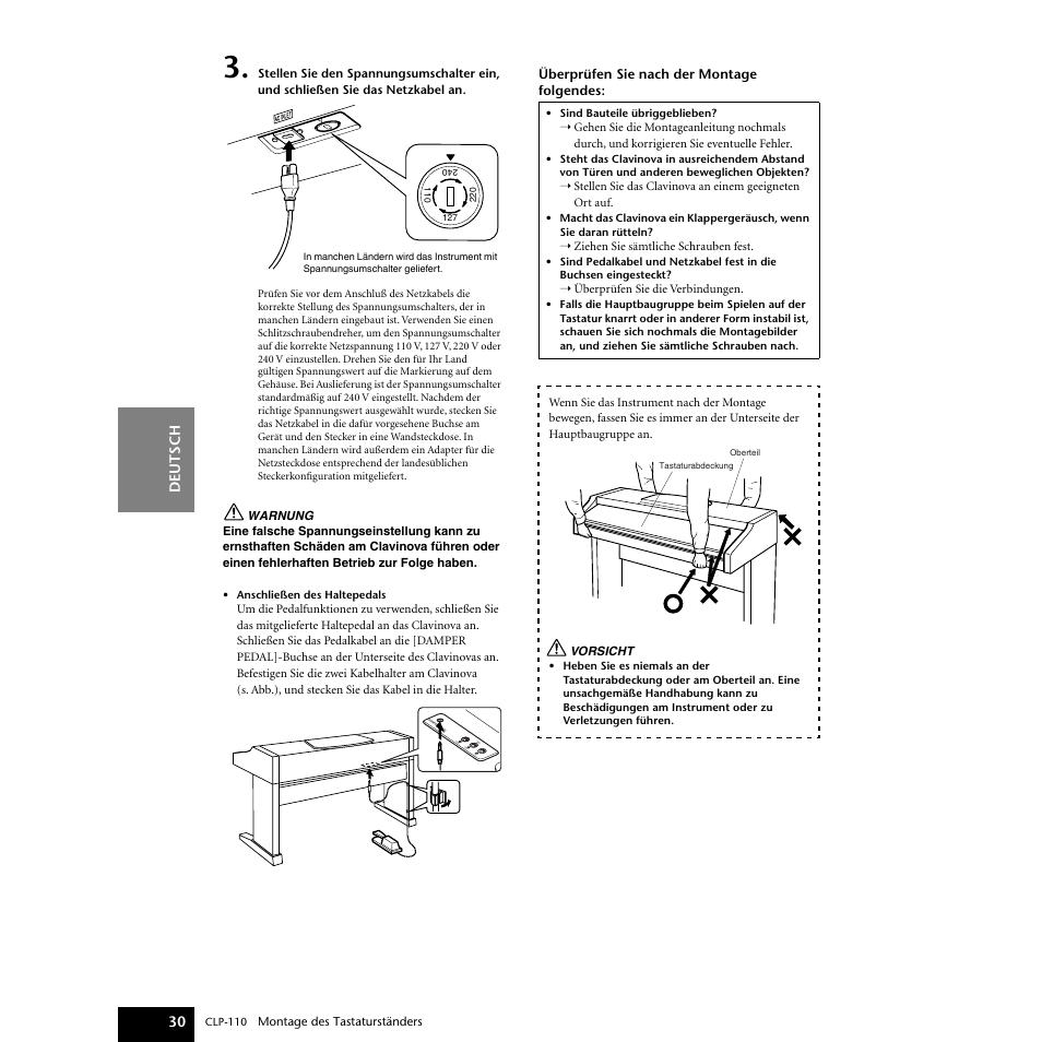 Hließen (seite 30), An die hauptein- heit angeschlossen ist (seite 30), Das pedalkabel ordn | Seite 30) | Yamaha CLP-110 User Manual | Page 30 / 46