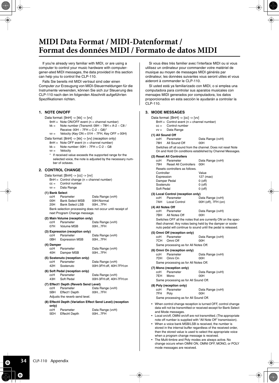 Midi data format / midi-datenformat, Format des données midi / formato de datos midi, Midi-datenformat | Yamaha CLP-110 User Manual | Page 34 / 46