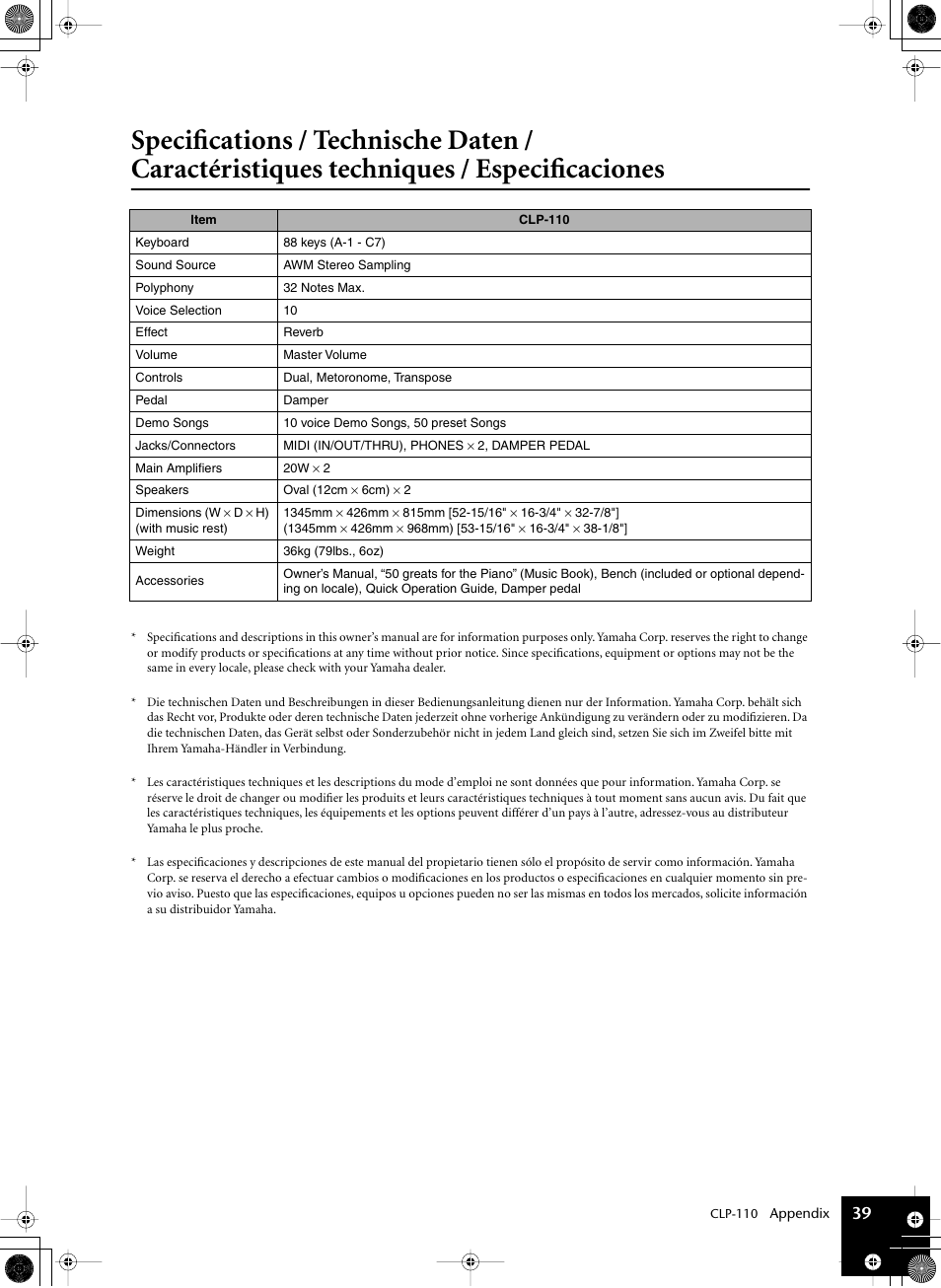 Specifications / technische daten, Caractéristiques techniques / especificaciones, Technische daten | Yamaha CLP-110 User Manual | Page 39 / 46