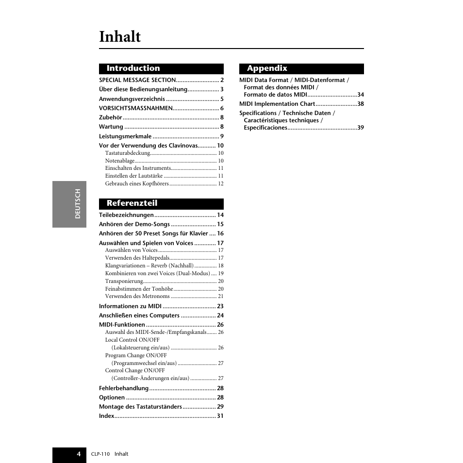 Inhalt | Yamaha CLP-110 User Manual | Page 4 / 46