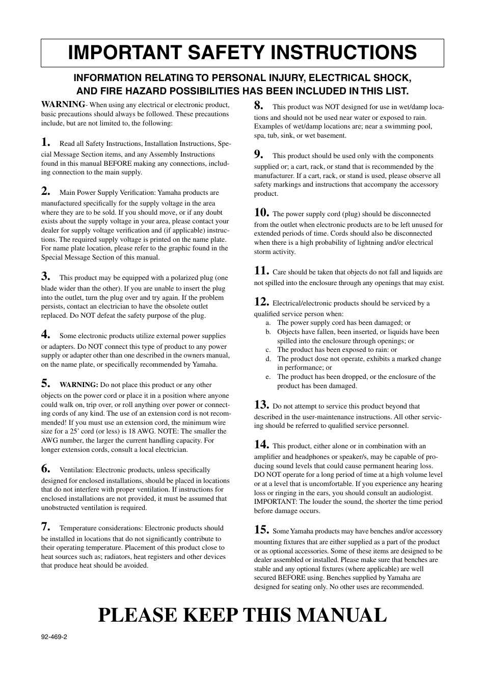 Please keep this manual, Important safety instructions | Yamaha CLP-110 User Manual | Page 43 / 46