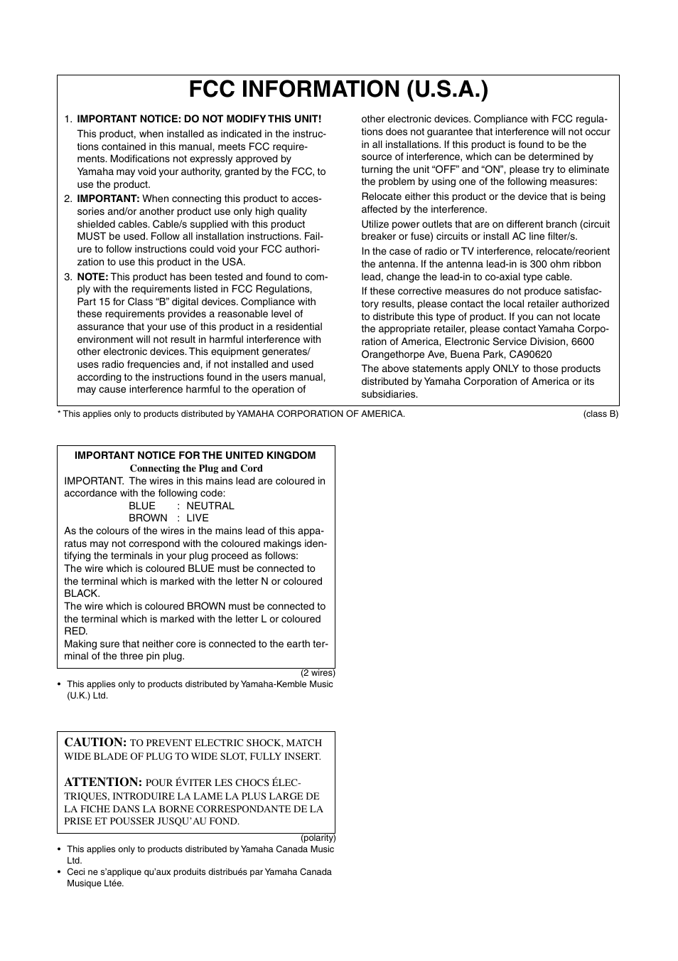 Fcc information (u.s.a.) | Yamaha CLP-110 User Manual | Page 44 / 46