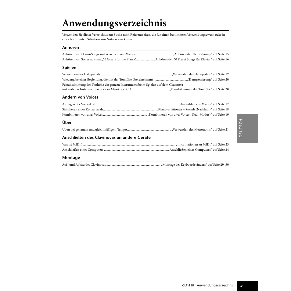 Anwendungsverzeichnis | Yamaha CLP-110 User Manual | Page 5 / 46
