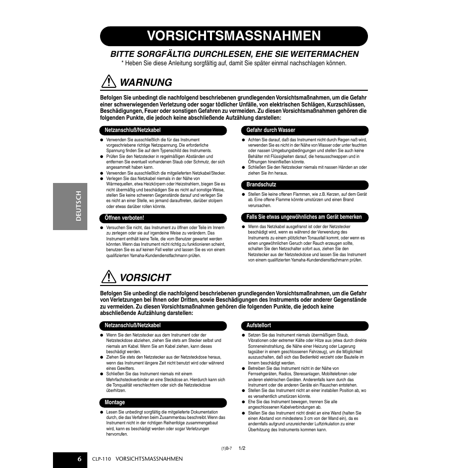 Vorsichtsmassnahmen, Warnung, Vorsicht | Bitte sorgfältig durchlesen, ehe sie weitermachen | Yamaha CLP-110 User Manual | Page 6 / 46