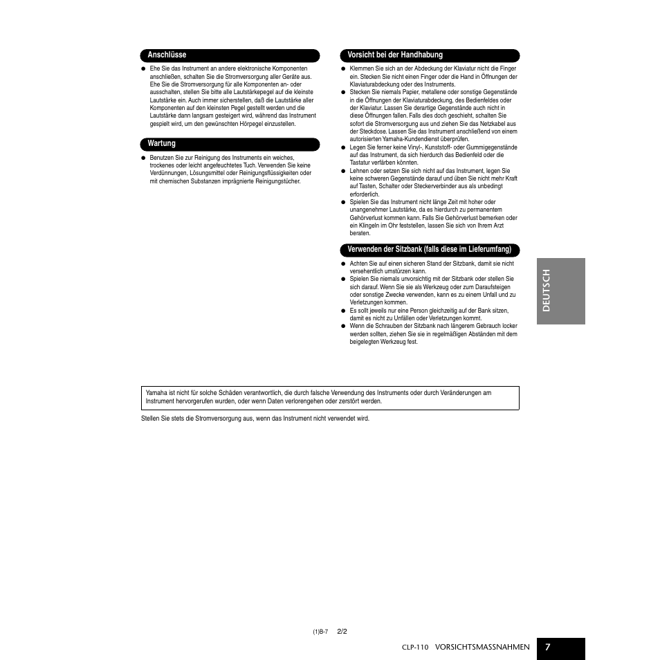 Deutsch 7 | Yamaha CLP-110 User Manual | Page 7 / 46