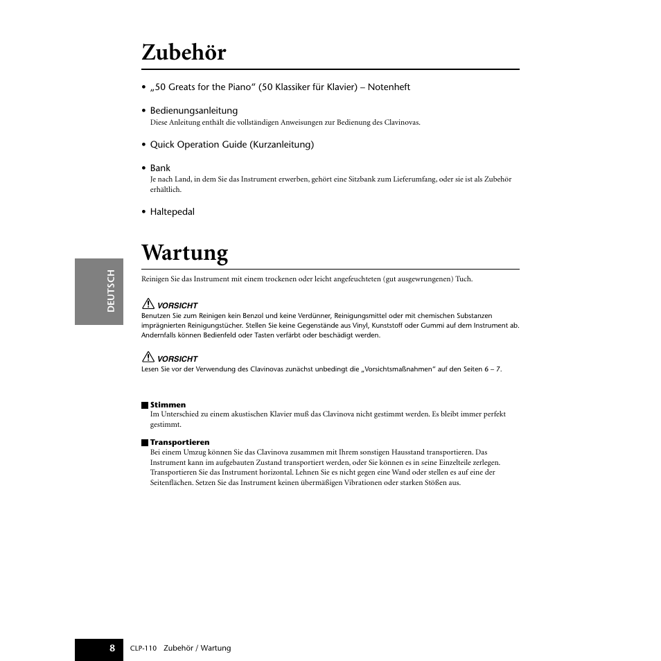 Zubehör, Wartung | Yamaha CLP-110 User Manual | Page 8 / 46