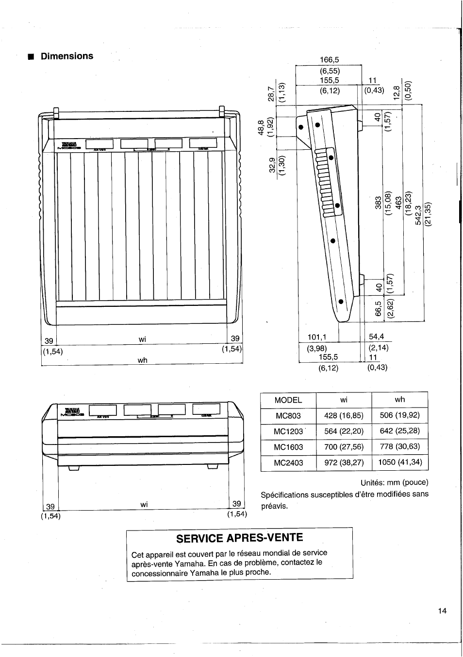 Dimensions, Service apres-vente | Yamaha MC2403 User Manual | Page 30 / 61