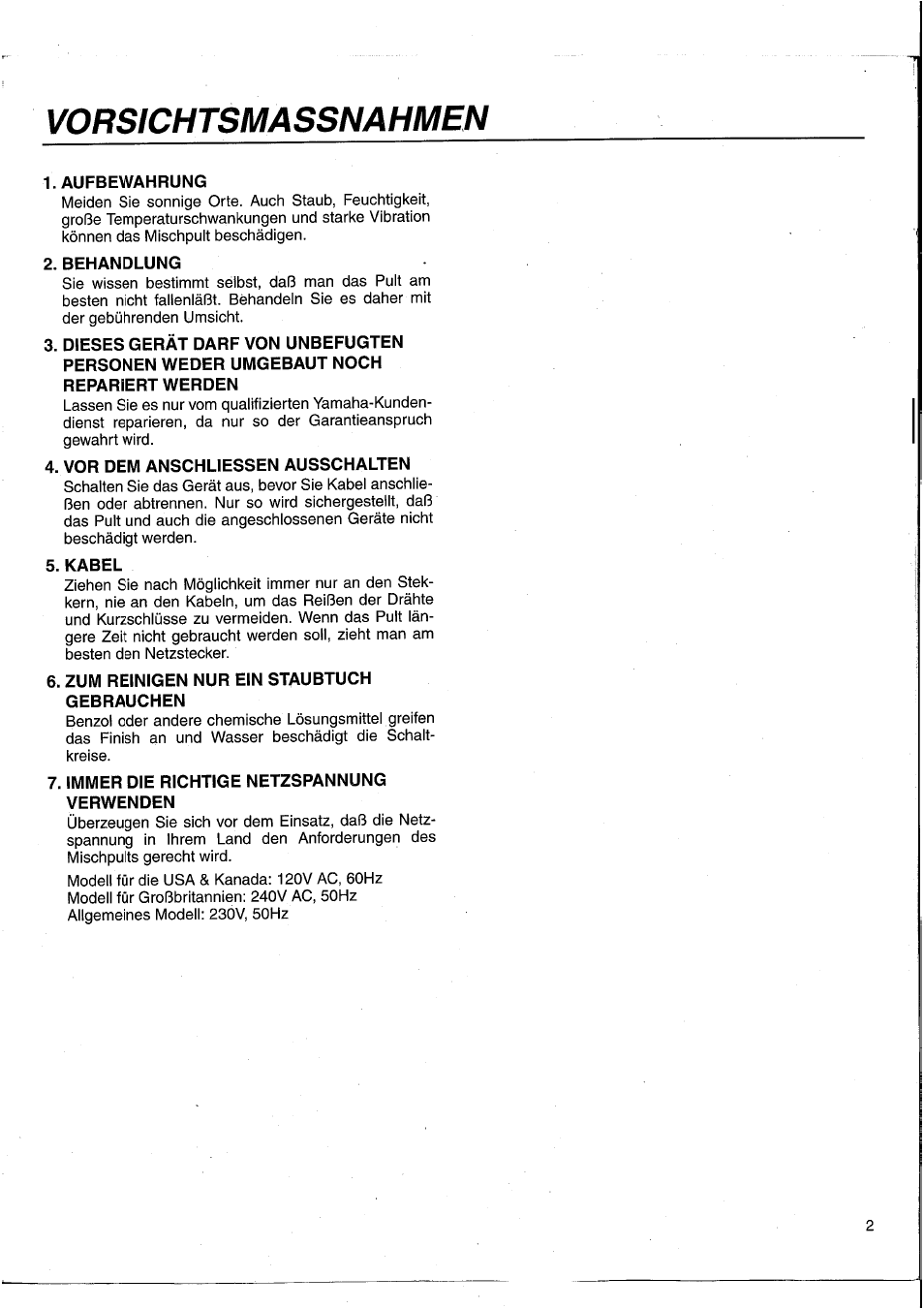 Vorsichtsmassnahmen | Yamaha MC2403 User Manual | Page 33 / 61