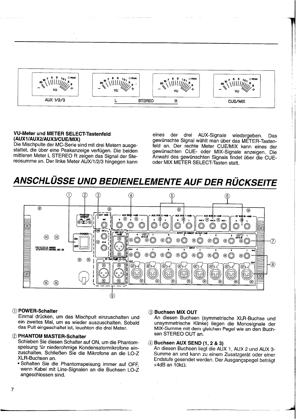 Power-schalter, Buchsen mix out, Anschlüsse und bedienelemente auf der rückseite | Yamaha MC2403 User Manual | Page 38 / 61