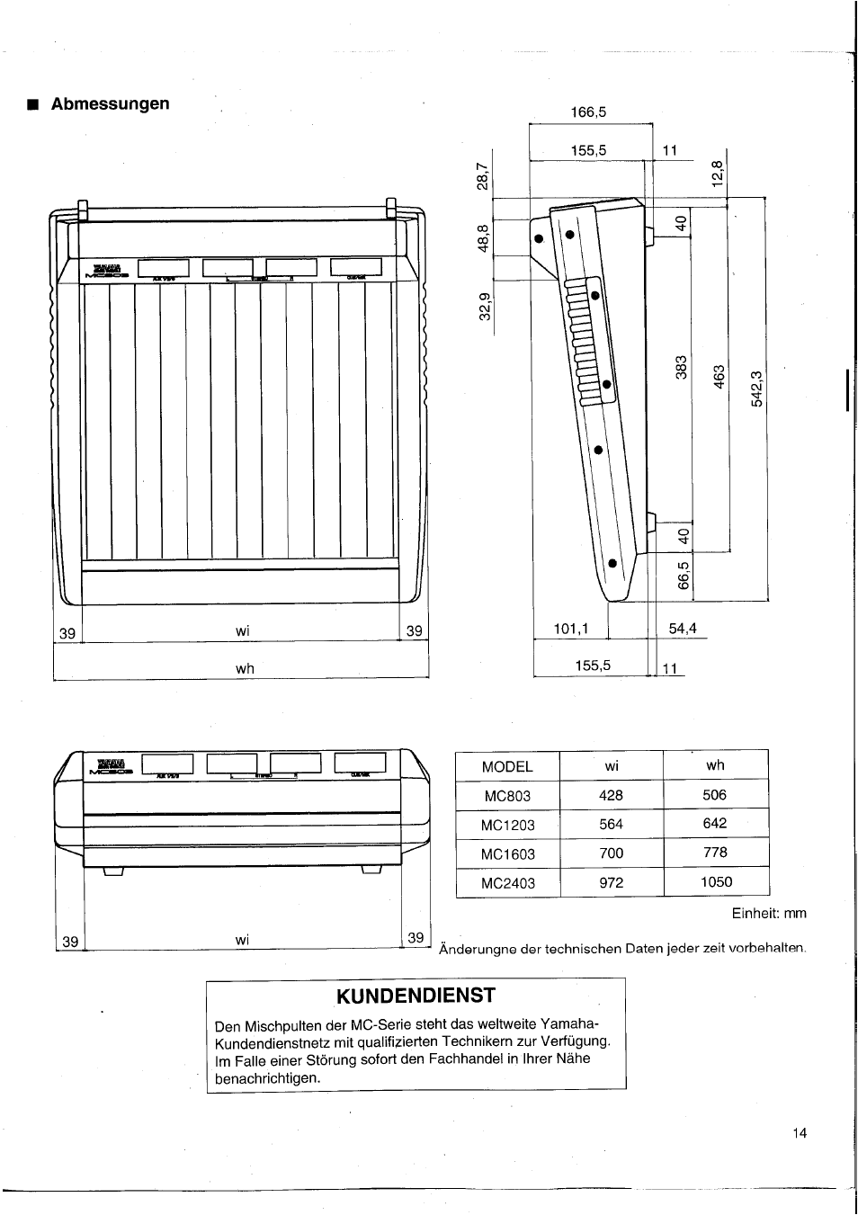 Abmessungen, Kundendienst | Yamaha MC2403 User Manual | Page 45 / 61