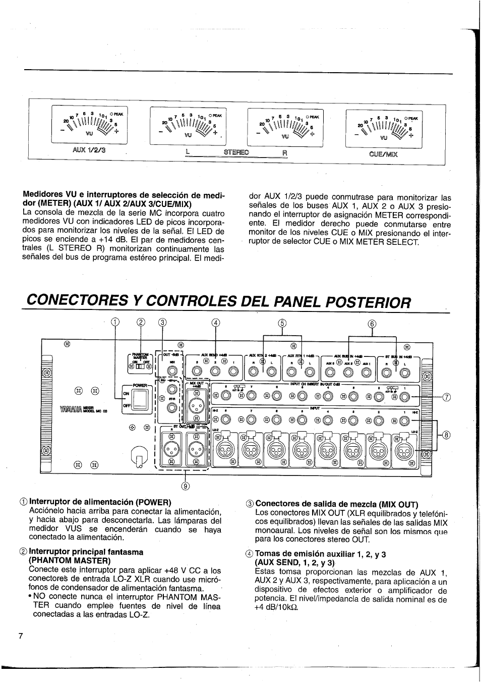 0 interruptor de alimentación (power), 0 interruptor principal fantasma (phantom master), Conectores de salida de mezcla (mix out) | Conectores y controles del panel posterior | Yamaha MC2403 User Manual | Page 53 / 61