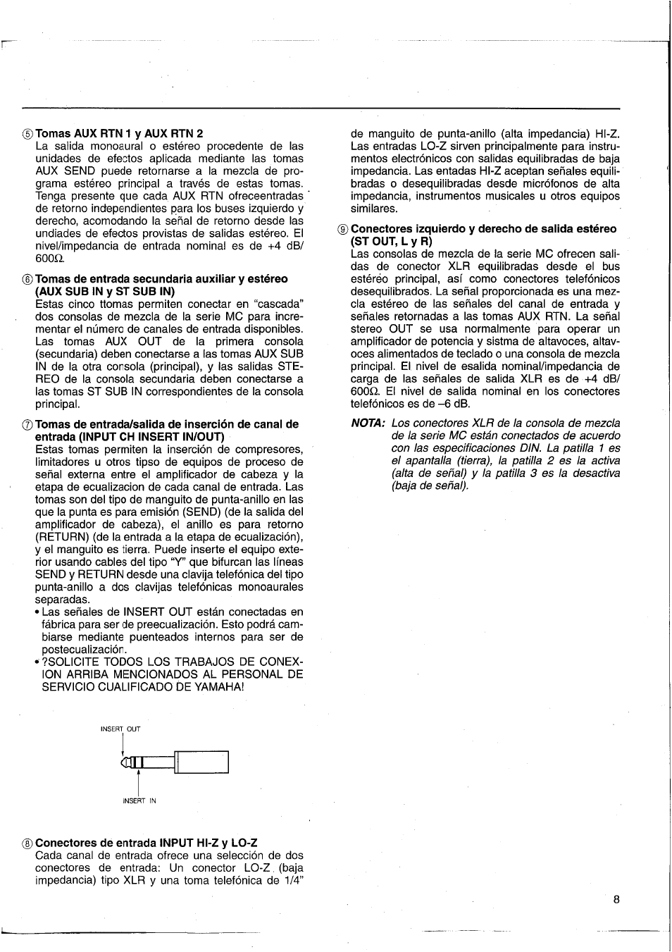 5) tomas aux rtn 1 y aux rtn 2, Conectores de entrada input hl-z y lo-z | Yamaha MC2403 User Manual | Page 54 / 61