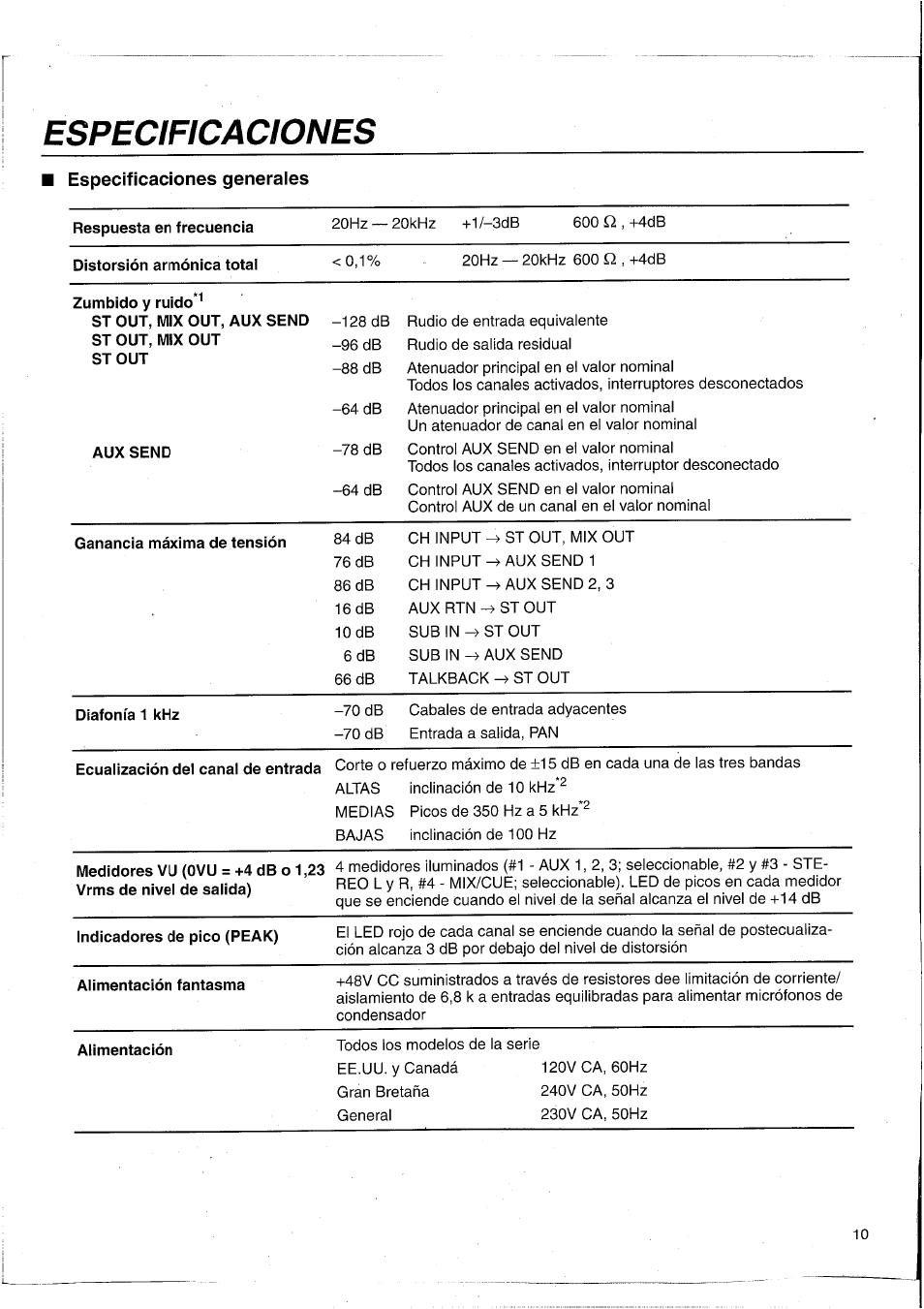 Especificaciones, Especificaciones generaies, Especificaciones generales | Yamaha MC2403 User Manual | Page 56 / 61