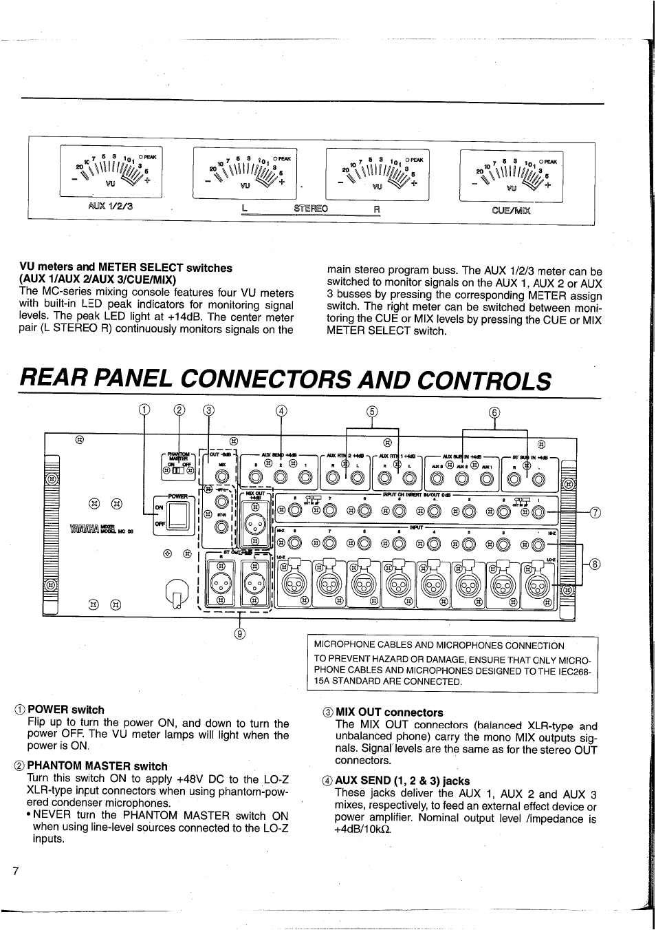 Rear panel connectors and controls, Power switch, Phantom master switch | Mix out connectors | Yamaha MC2403 User Manual | Page 8 / 61