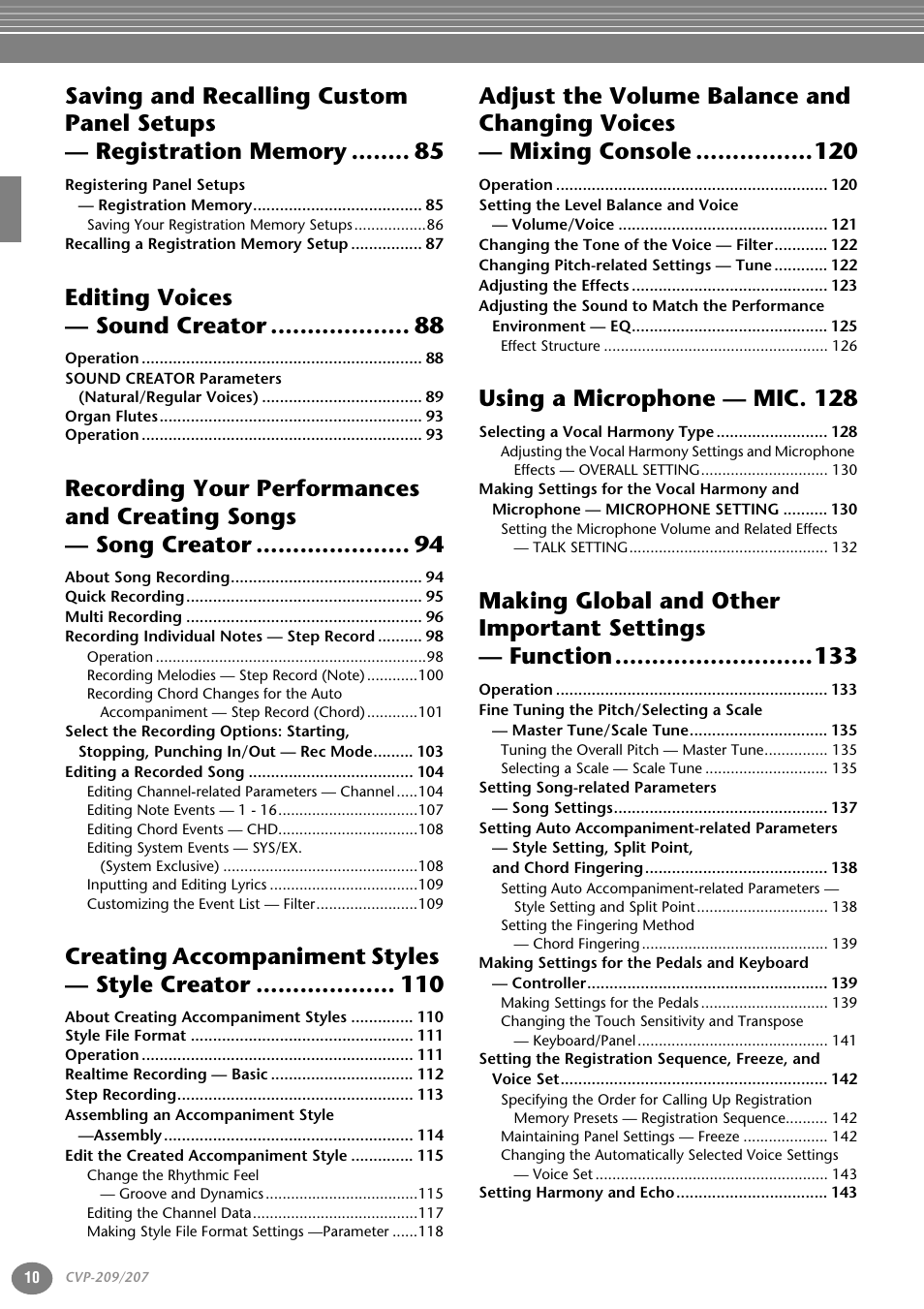 Editing voices — sound creator, Creating accompaniment styles — style creator, Using a microphone — mic. 128 | Yamaha CVP-207  EN User Manual | Page 10 / 176