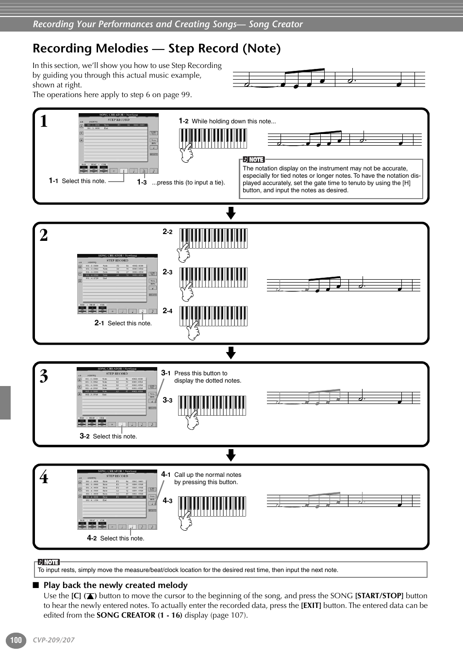 Recording melodies — step record (note), Play back the newly created melody | Yamaha CVP-207  EN User Manual | Page 100 / 176
