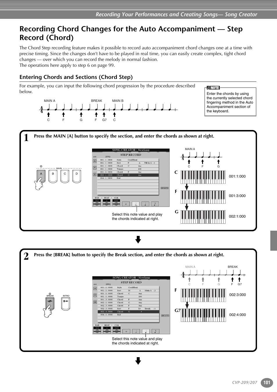 Entering chords and sections (chord step), Recording chord changes for the auto, Accompaniment — step record (chord) | Yamaha CVP-207  EN User Manual | Page 101 / 176