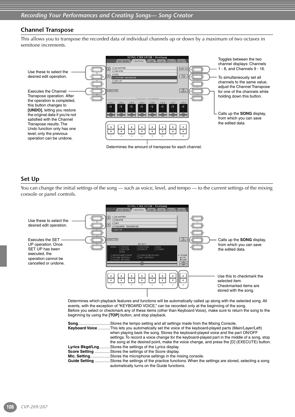 Channel transpose, Set up | Yamaha CVP-207  EN User Manual | Page 106 / 176