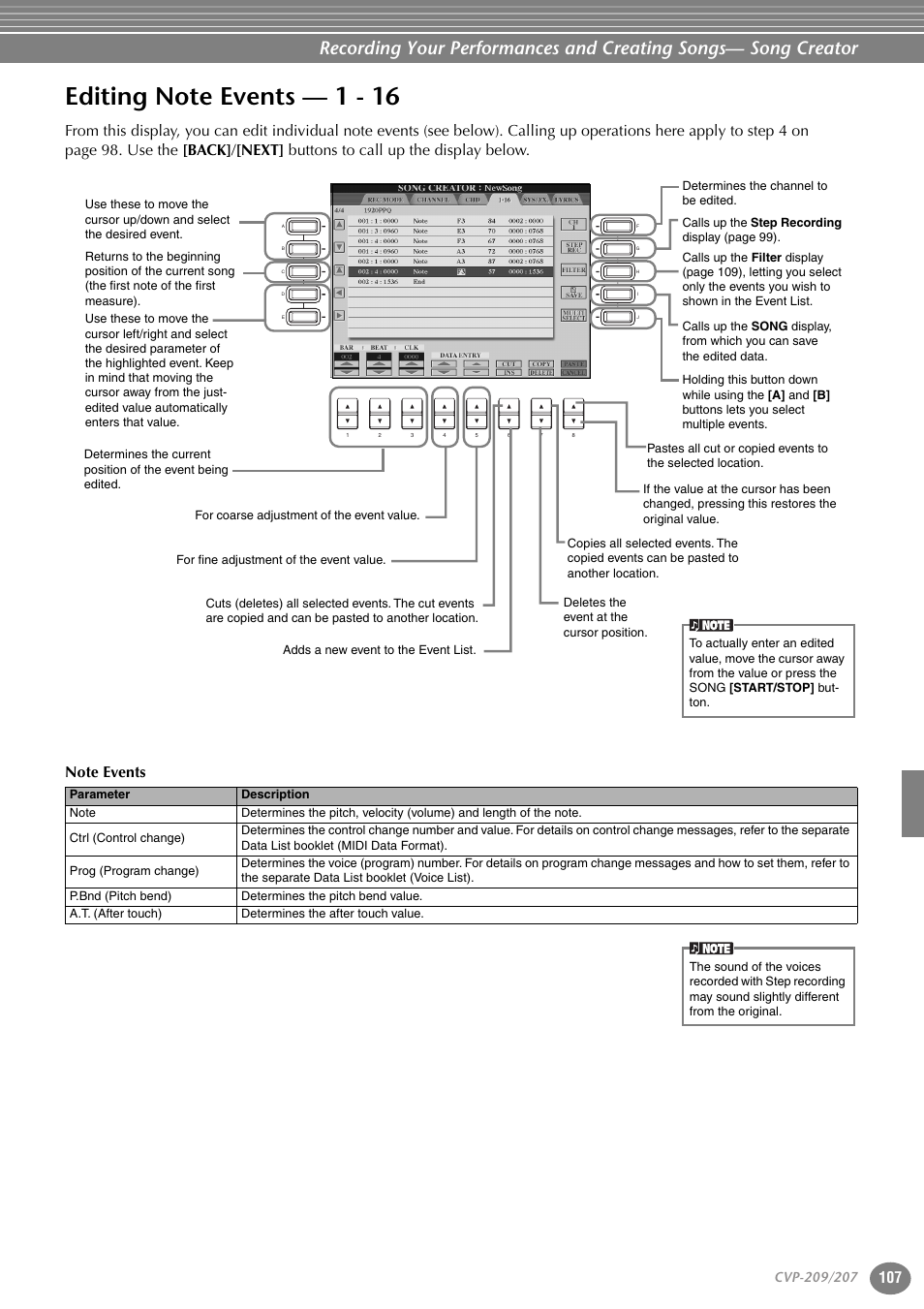 Editing note events — 1 - 16 | Yamaha CVP-207  EN User Manual | Page 107 / 176