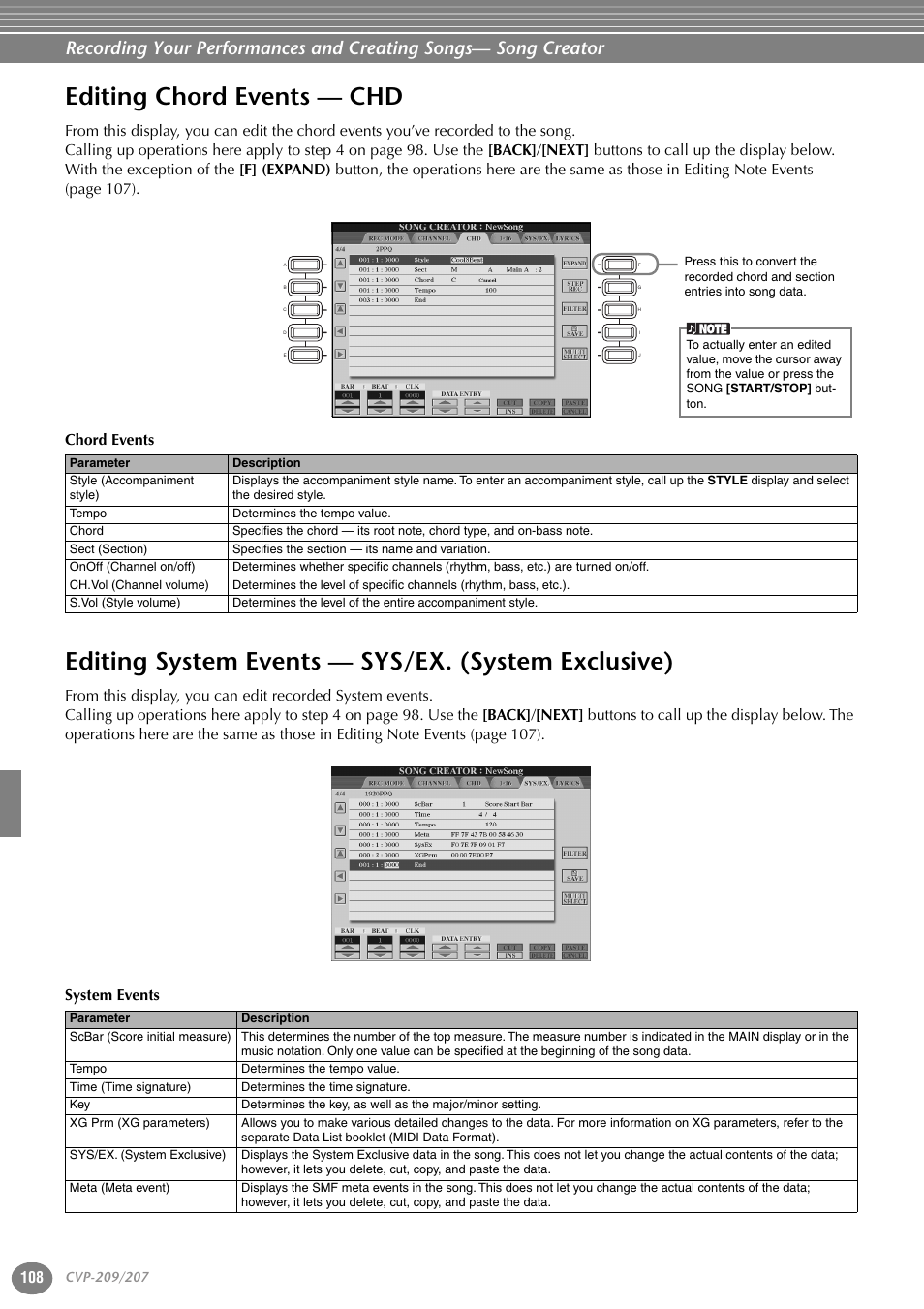 Editing chord events — chd, Editing system events — sys/ex. (system exclusive), System exclusive) | Yamaha CVP-207  EN User Manual | Page 108 / 176