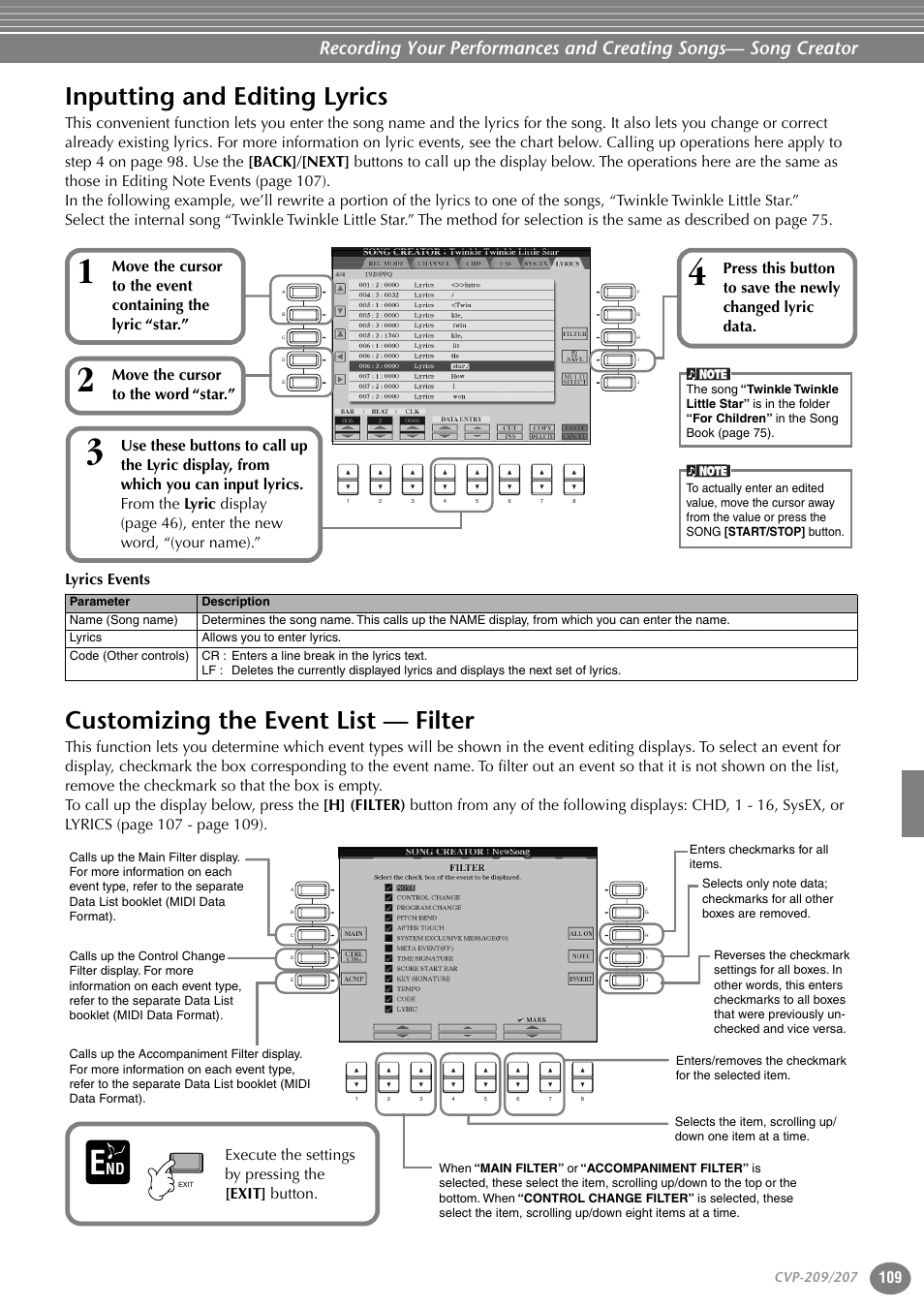 Inputting and editing lyrics, Customizing the event list — filter, Move the cursor to the word “star | Execute the settings by pressing the [exit] button | Yamaha CVP-207  EN User Manual | Page 109 / 176