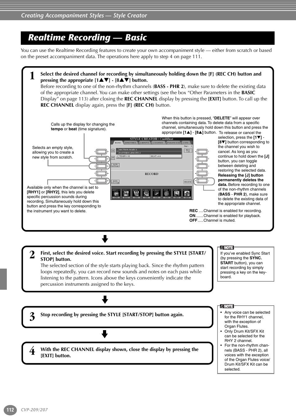 Realtime recording — basic, Creating accompaniment styles — style creator | Yamaha CVP-207  EN User Manual | Page 112 / 176