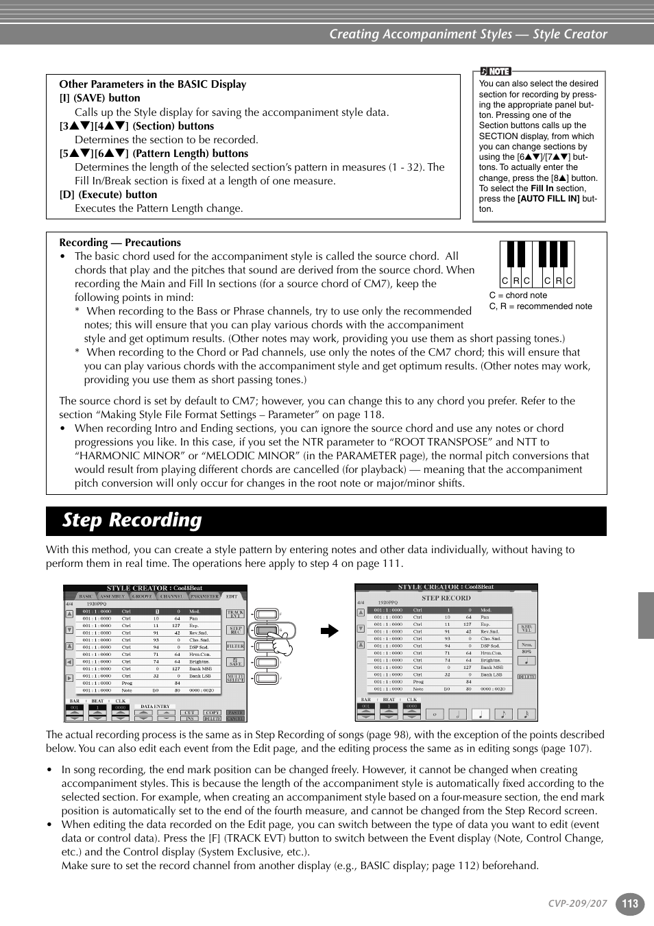 Step recording, Creating accompaniment styles — style creator | Yamaha CVP-207  EN User Manual | Page 113 / 176
