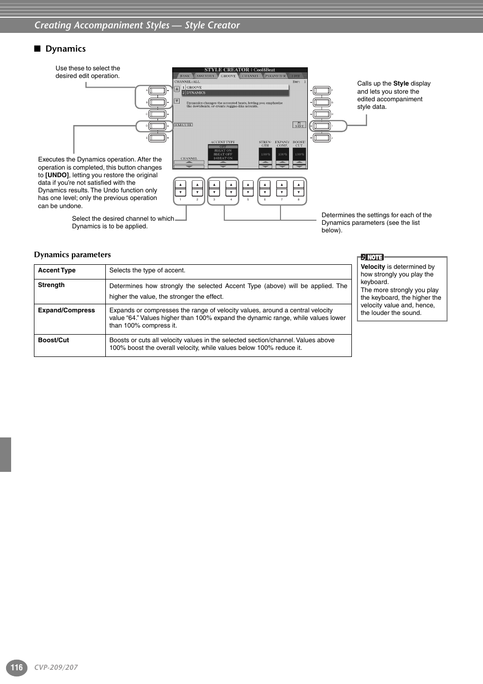 Dynamics, Creating accompaniment styles — style creator, Dynamics parameters | Yamaha CVP-207  EN User Manual | Page 116 / 176
