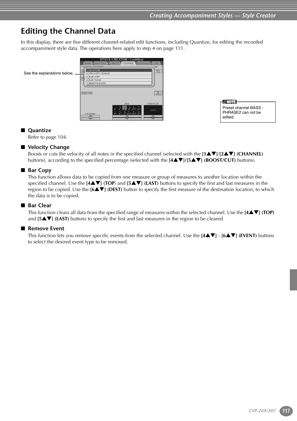 Editing the channel data, Quantize, Velocity change | Bar copy, Bar clear, Remove event | Yamaha CVP-207  EN User Manual | Page 117 / 176