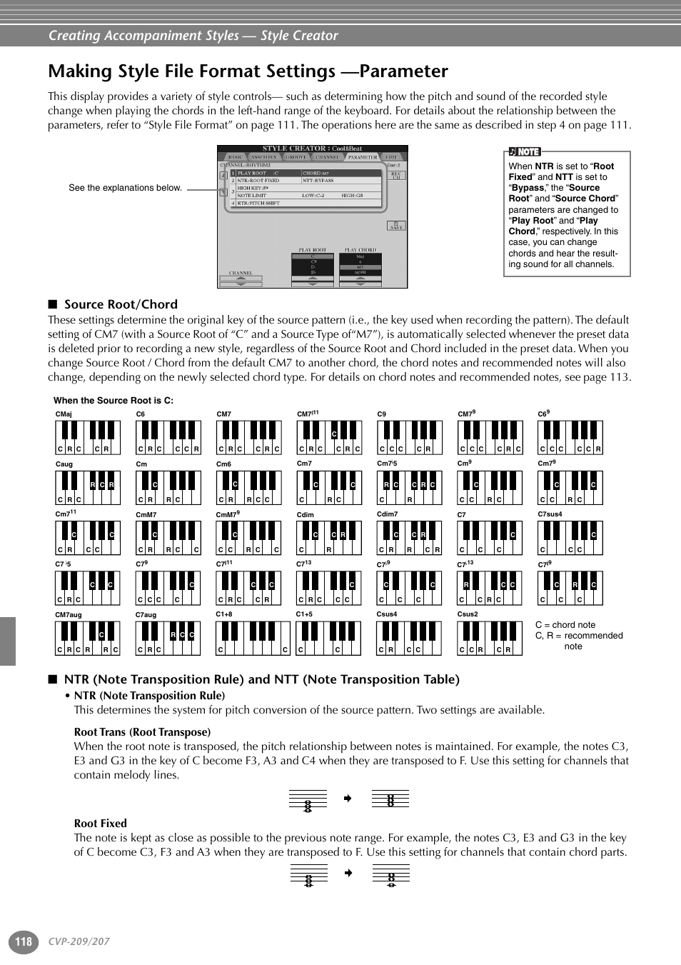 Making style file format settings —parameter, Source root/chord, Creating accompaniment styles — style creator | Yamaha CVP-207  EN User Manual | Page 118 / 176