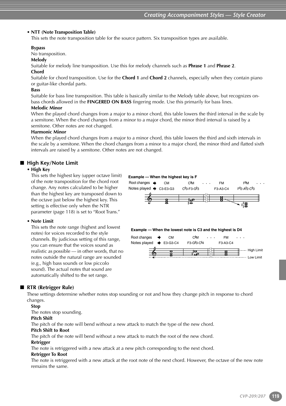 High key/note limit, Rtr (retrigger rule), Creating accompaniment styles — style creator | Yamaha CVP-207  EN User Manual | Page 119 / 176