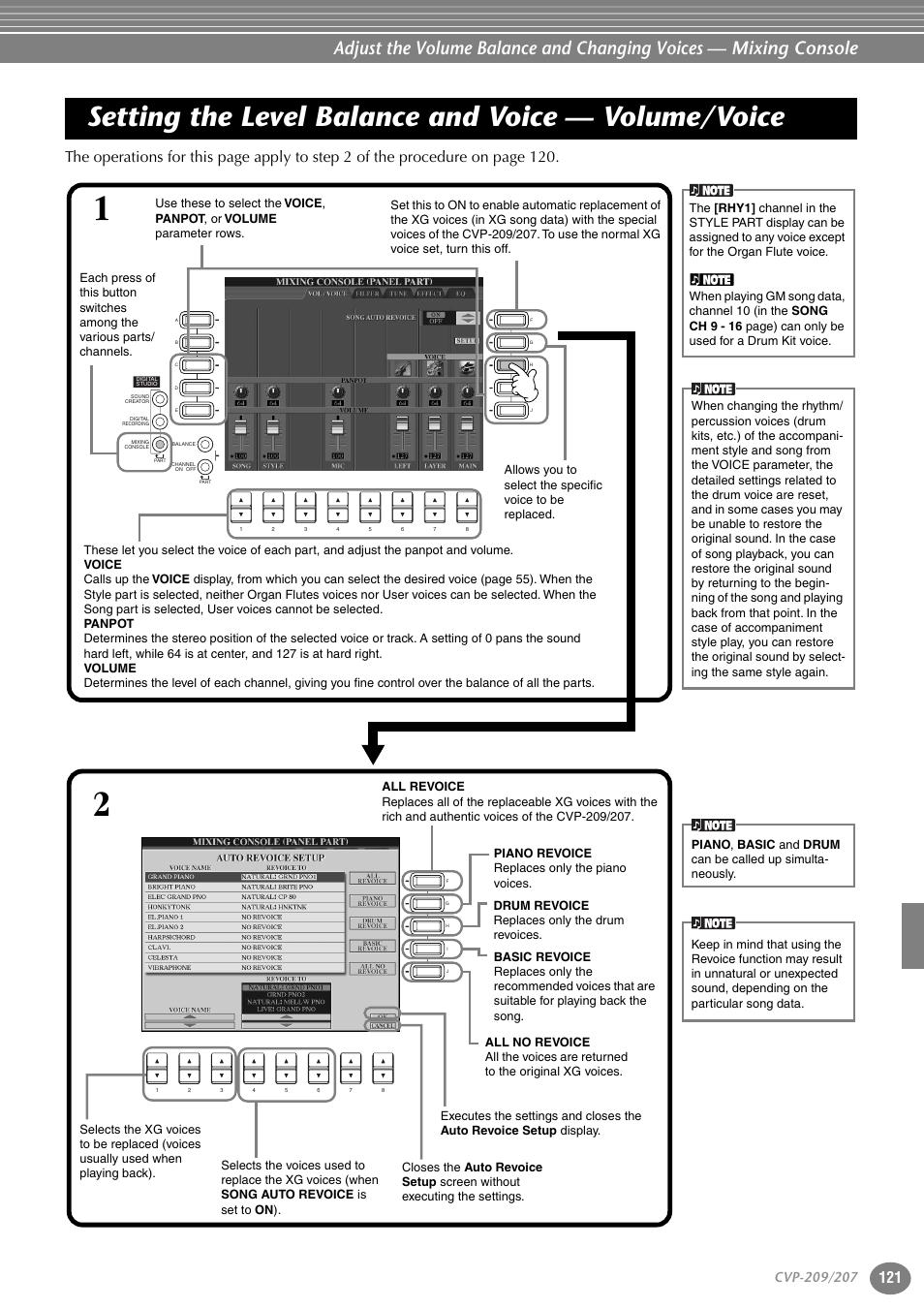 Setting the level balance and voice — volume/voice, Setting the level balance and voice, Volume/voice | Yamaha CVP-207  EN User Manual | Page 121 / 176