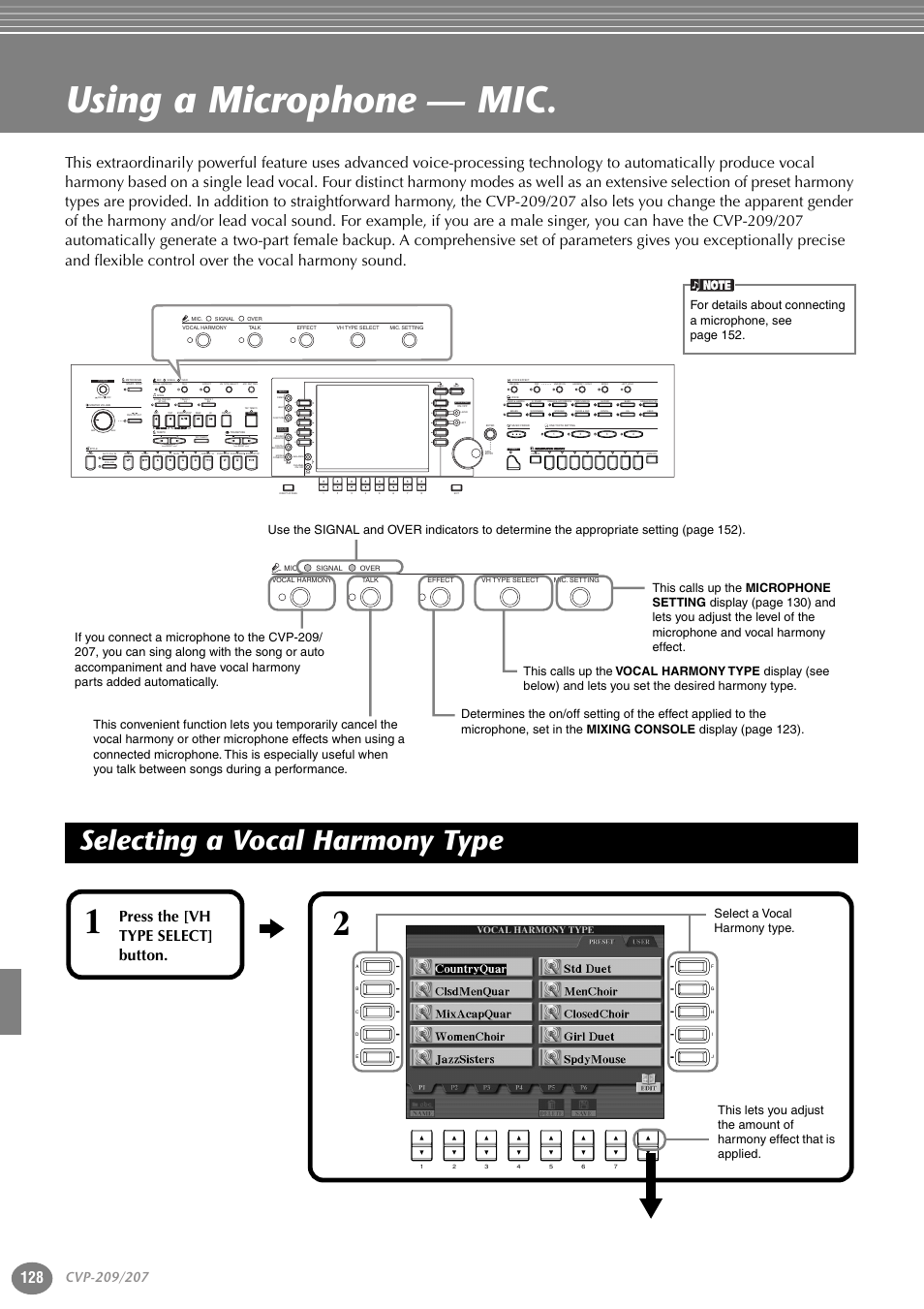 Using a microphone — mic, Selecting a vocal harmony type, Using a microphone — mic. 128 | P. 128, Press the [vh type select] button, Select a vocal harmony type | Yamaha CVP-207  EN User Manual | Page 128 / 176