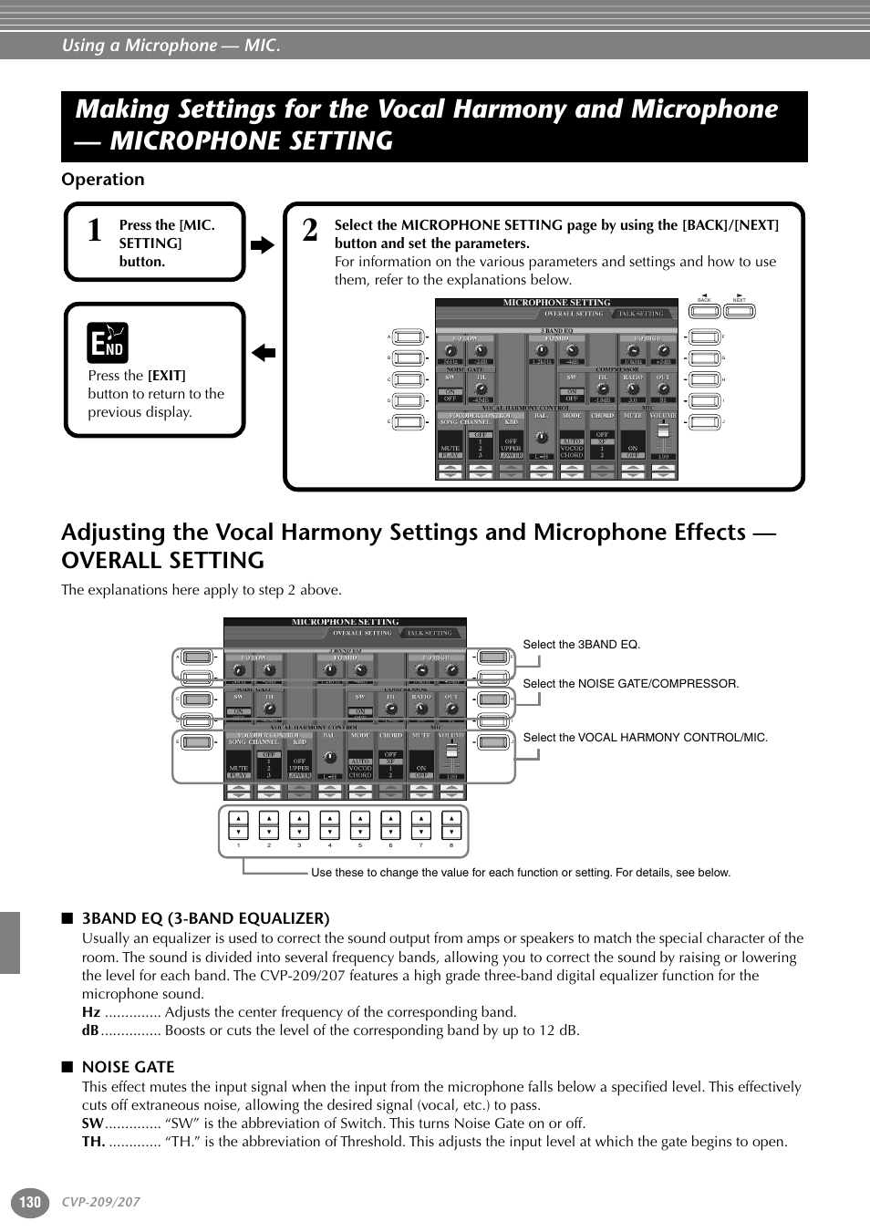 Operation, 3band eq (3-band equalizer), Noise gate | Effects — overall setting, Making settings for the vocal harmony and, Microphone — microphone setting, Using a microphone — mic, The explanations here apply to step 2 above, Press the [mic. setting] button | Yamaha CVP-207  EN User Manual | Page 130 / 176