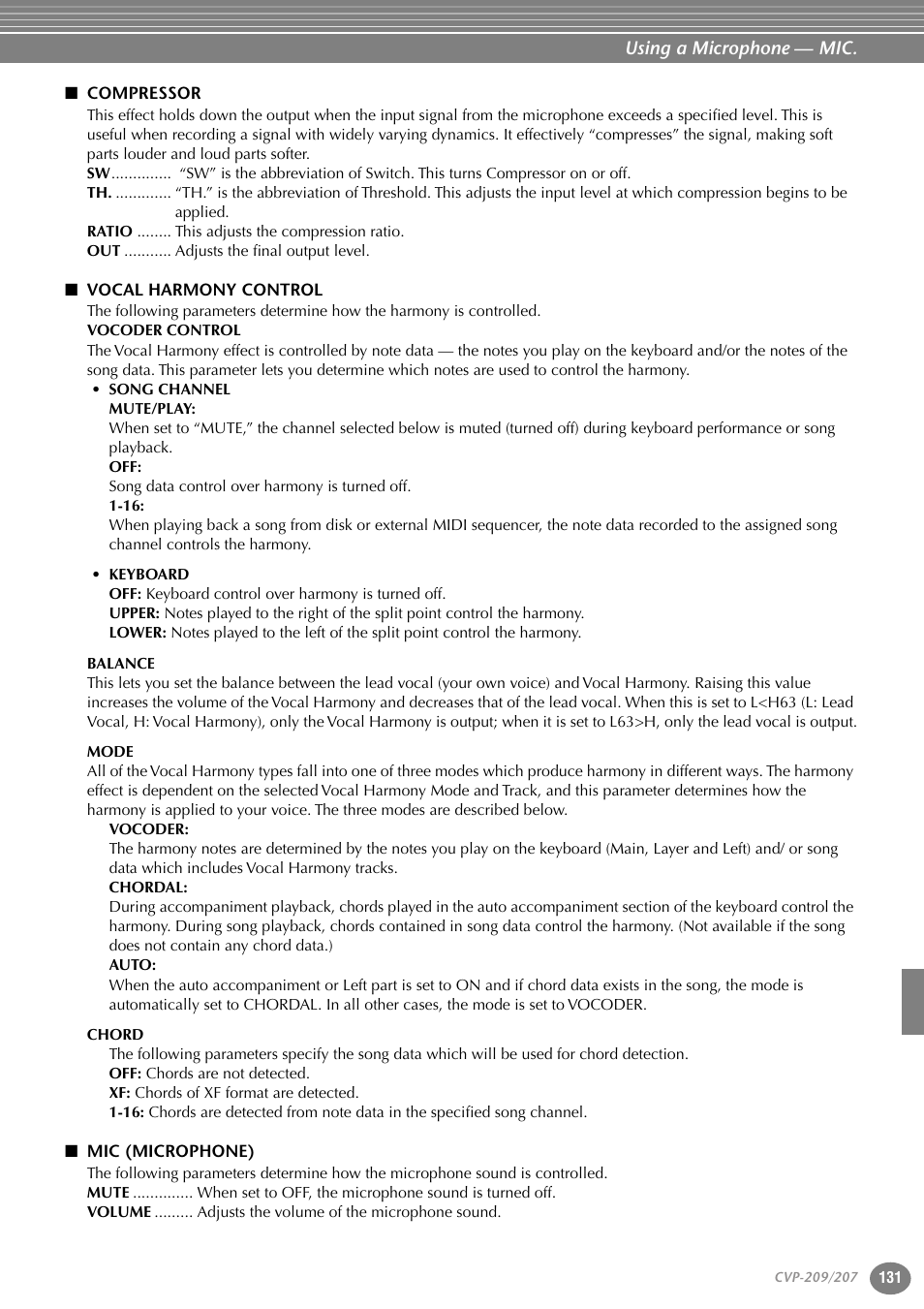 Compressor, Vocal harmony control, Mic (microphone) | Yamaha CVP-207  EN User Manual | Page 131 / 176