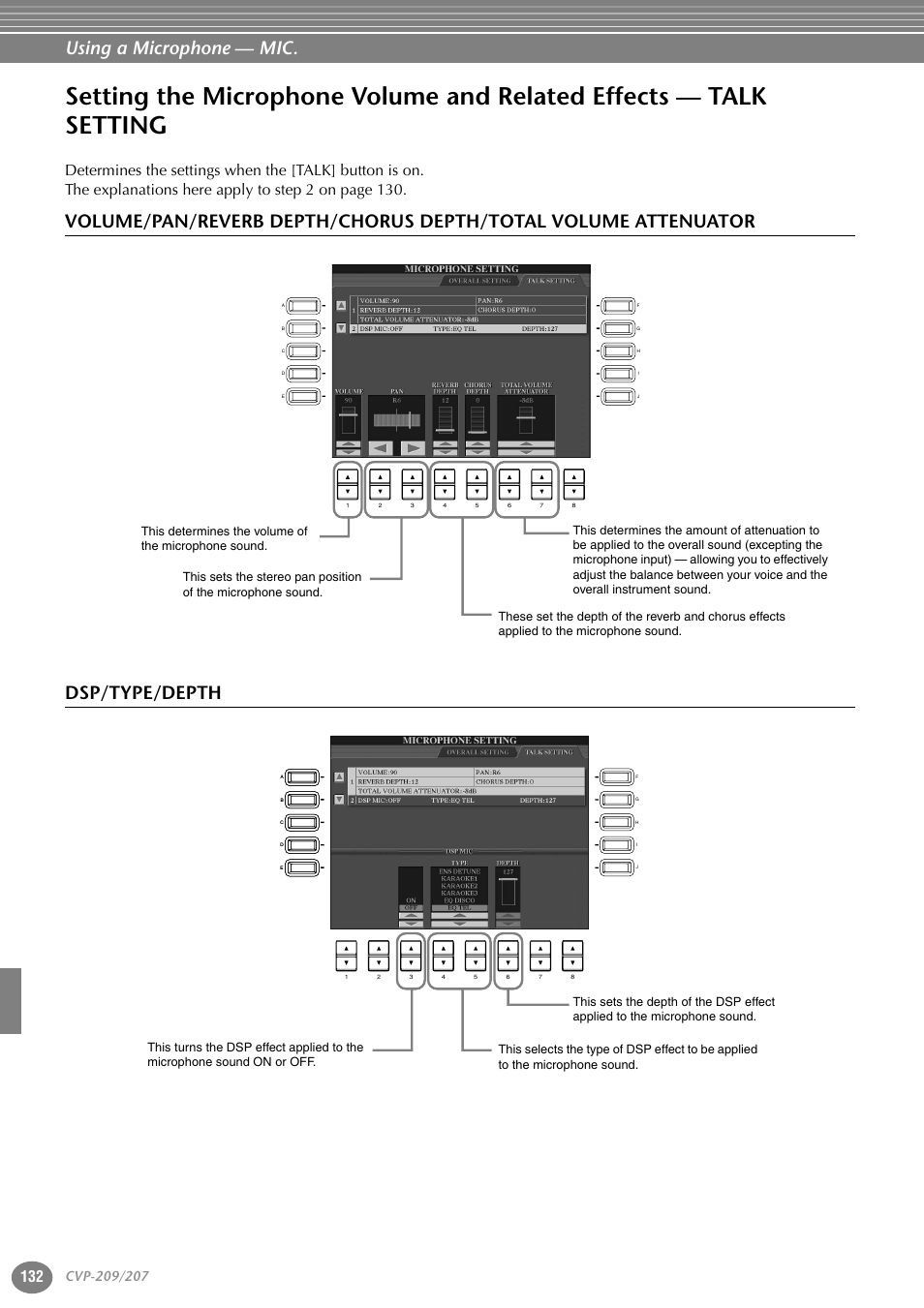 Dsp/type/depth, Setting the microphone volume and related effects, Talk setting | Using a microphone — mic | Yamaha CVP-207  EN User Manual | Page 132 / 176