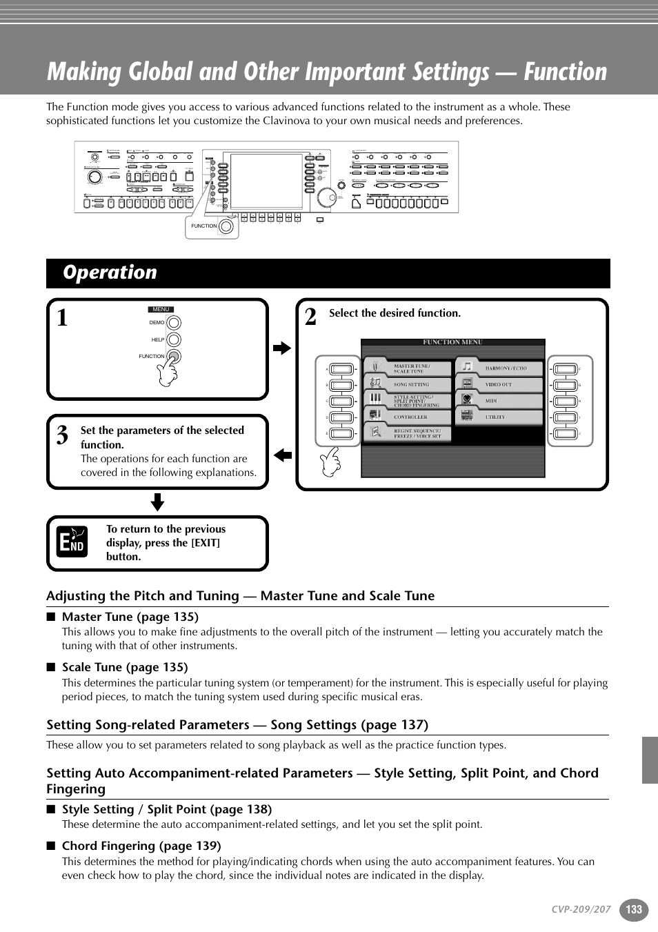 Operation, P. 133, Master t une (page 135) | Scale t une (page 135), Style setting / split point (page 138), Chord fingering (page 139), Select the desired function, Min max, Part, Style l r | Yamaha CVP-207  EN User Manual | Page 133 / 176