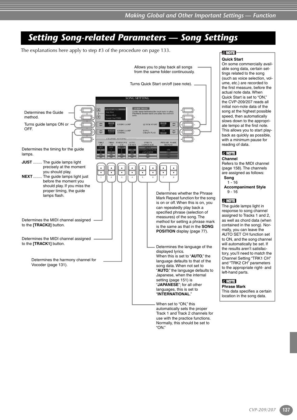 Setting song-related parameters — song settings, Setting song-related parameters, Song settings | Yamaha CVP-207  EN User Manual | Page 137 / 176