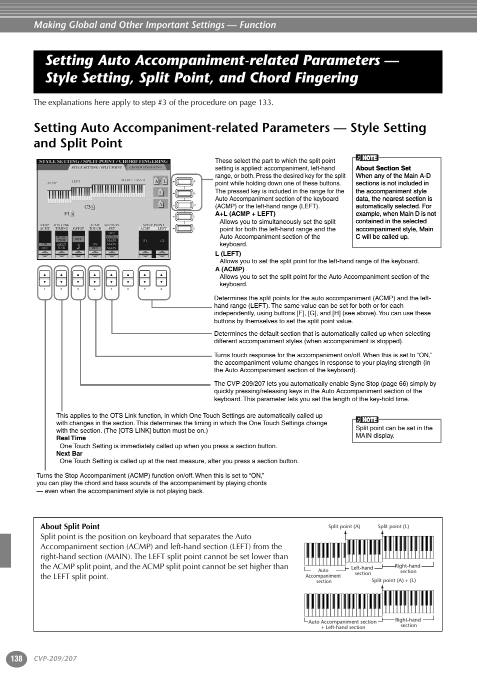 Setting auto accompaniment-related parameters, Style setting, split point, and chord fingering, Style setting and split point | Yamaha CVP-207  EN User Manual | Page 138 / 176