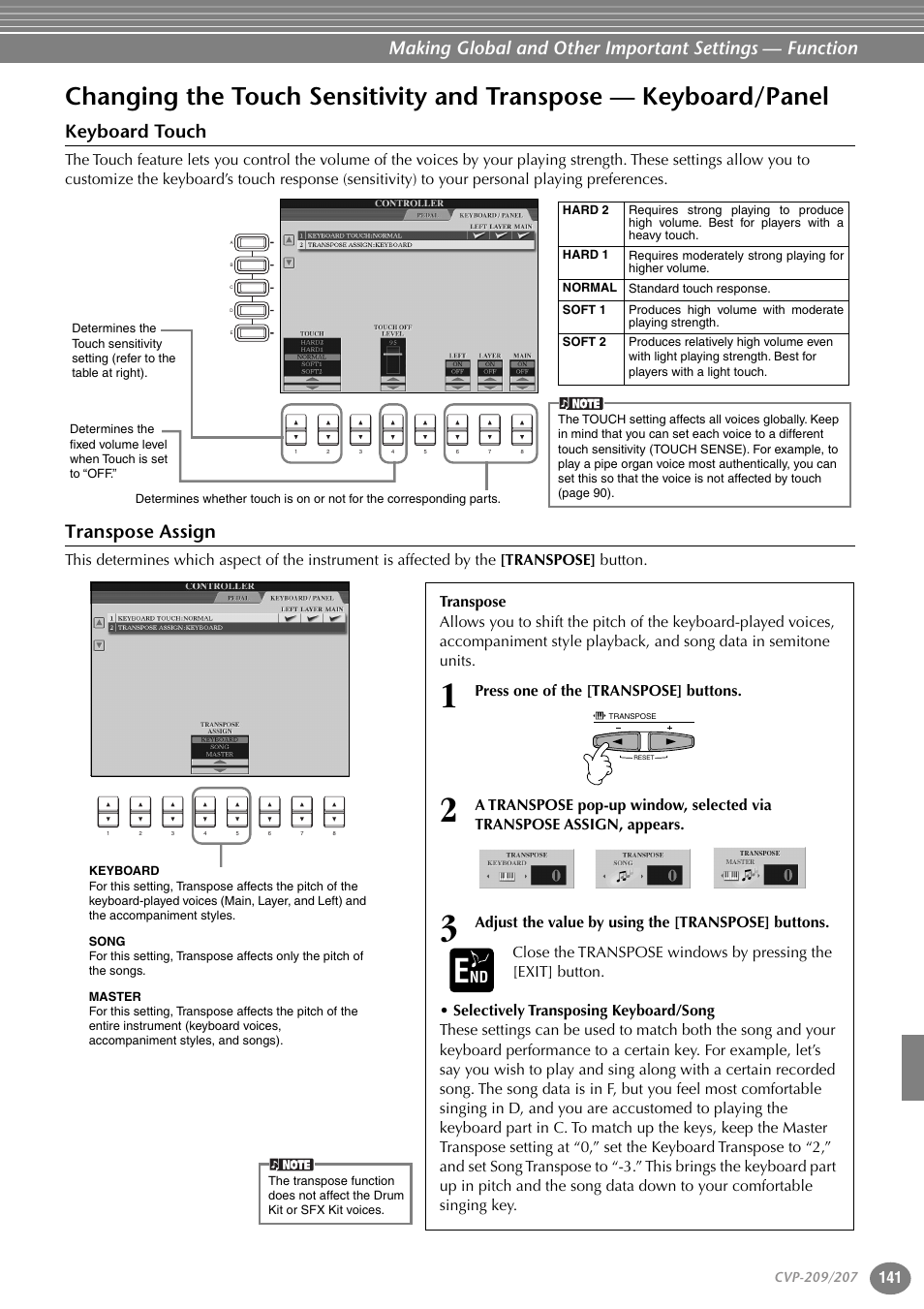 Keyboard touch, Transpose assign, Changing the touch sensitivity and transpose | Keyboard/panel, P. 141, Press one of the [transpose] buttons | Yamaha CVP-207  EN User Manual | Page 141 / 176