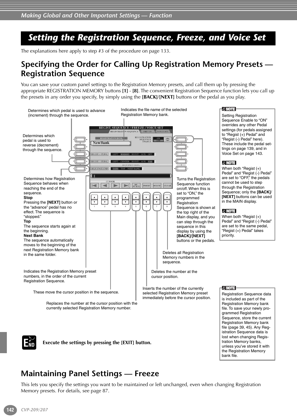 Maintaining panel settings — freeze, Setting the registration sequence, freeze, and, Voice set | Specifying the order for calling up registration, Memory presets — registration sequence, Execute the settings by pressing the [exit] button | Yamaha CVP-207  EN User Manual | Page 142 / 176