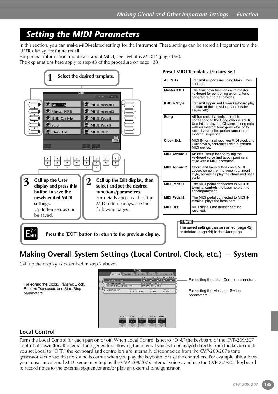 Setting the midi parameters, Local control, Making overall system settings | Local control, clock, etc.) — system | Yamaha CVP-207  EN User Manual | Page 145 / 176