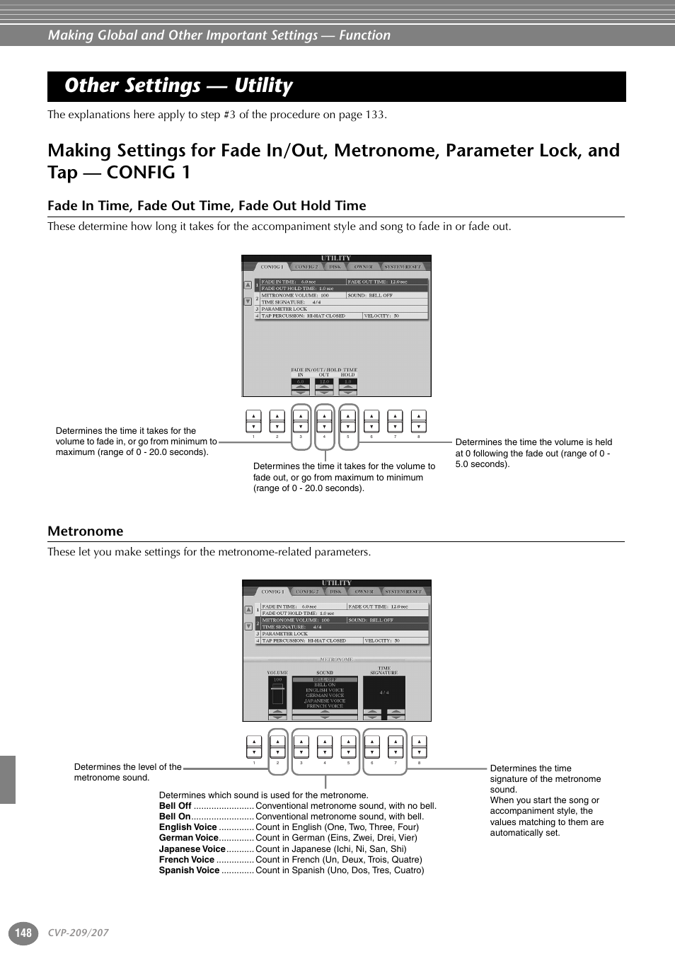 Other settings — utility, Fade in time, fade out time, fade out hold time, Metronome | Making settings for fade in/out, metronome, Parameter lock, and tap — config 1 | Yamaha CVP-207  EN User Manual | Page 148 / 176