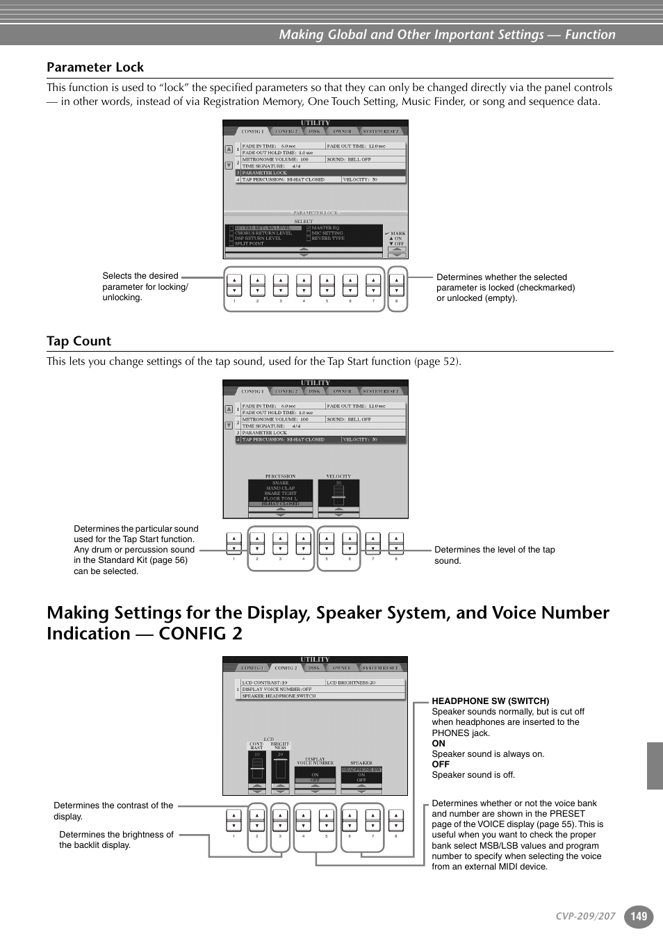 Parameter lock, Tap count, Making settings for the display, speaker system | And voice number indication — config 2 | Yamaha CVP-207  EN User Manual | Page 149 / 176