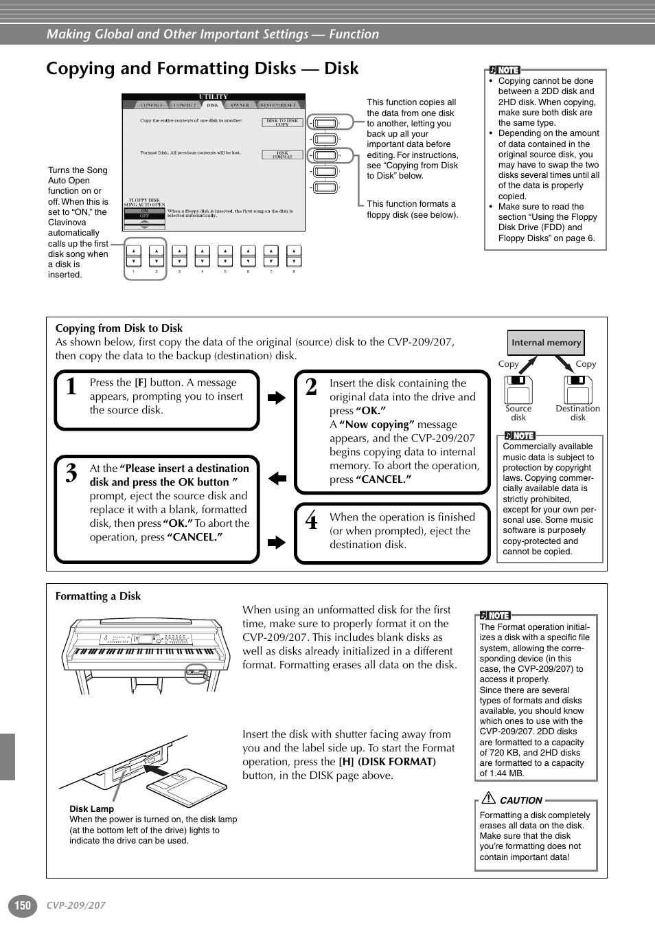 Copying and formatting disks — disk | Yamaha CVP-207  EN User Manual | Page 150 / 176