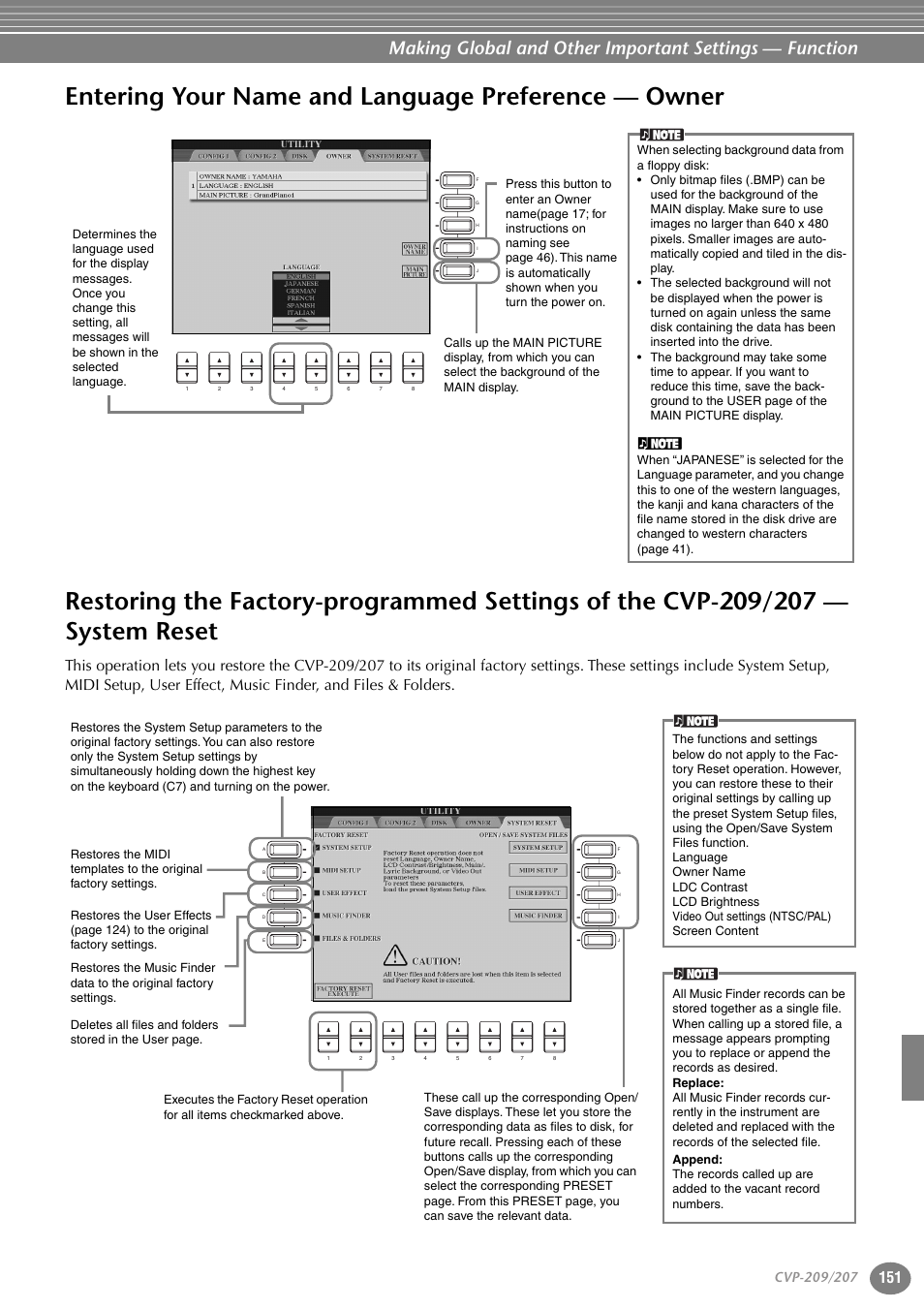 Entering your name and language preference — owner, Entering your name and language preference, Owner | Restoring the factory-programmed settings of the, Cvp-209/207 — system reset | Yamaha CVP-207  EN User Manual | Page 151 / 176