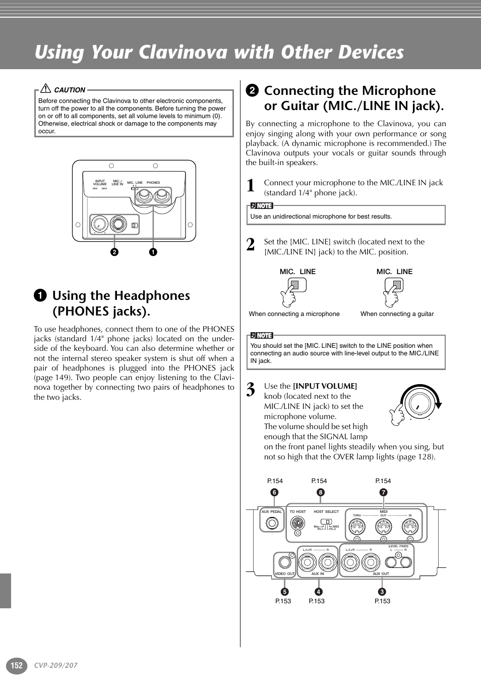 Using your clavinova with other devices, 1 using the headphones (phones jacks), Mic./line in jack) | P. 152 | Yamaha CVP-207  EN User Manual | Page 152 / 176